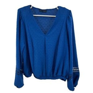 Lane Bryant royal blue long sleeve 16 Swiss dot v-neck top popover cutout detail